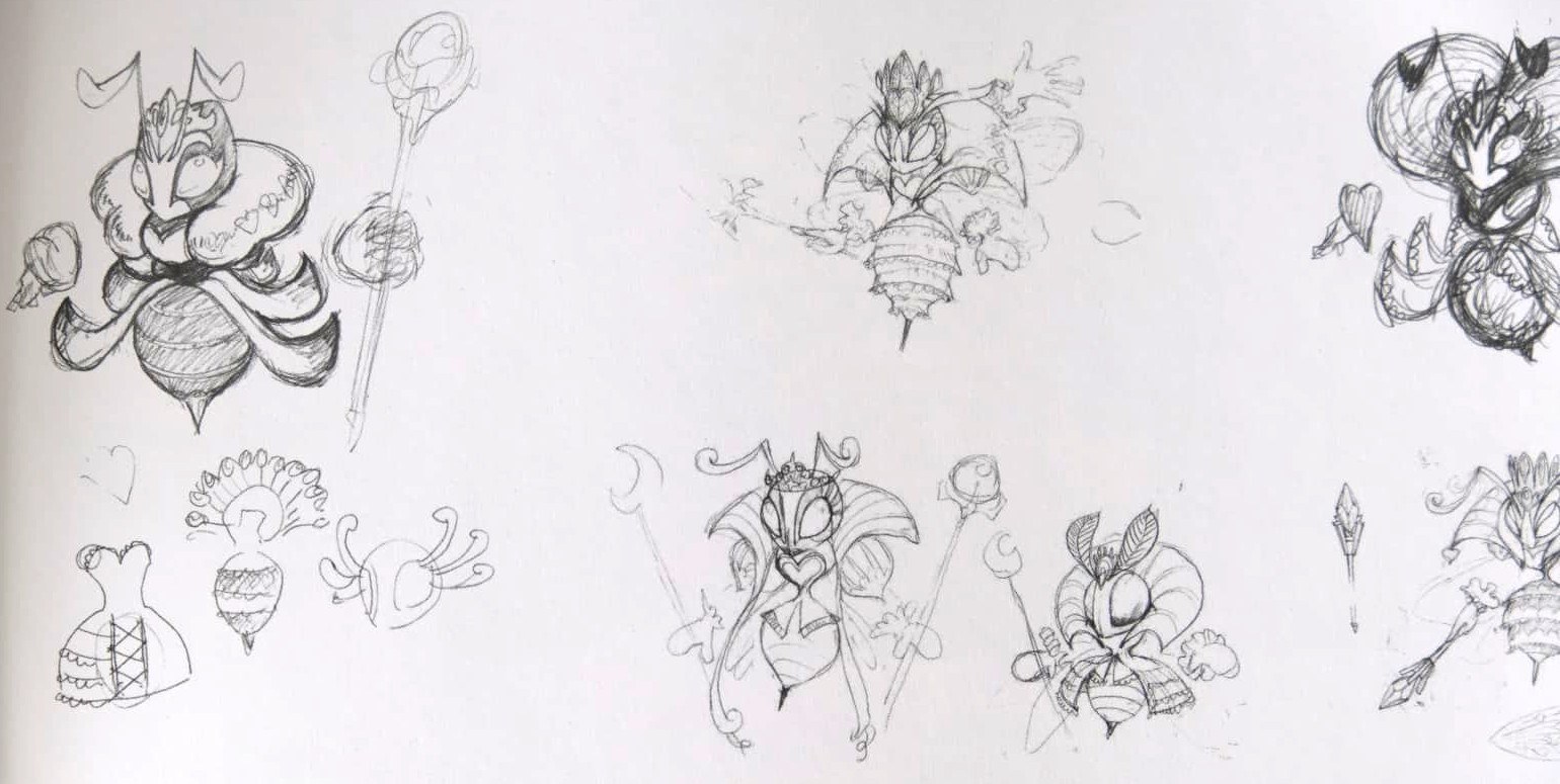 Pencil design sketches exploring many variations of Queen Sectonia, a bee queen with a staff