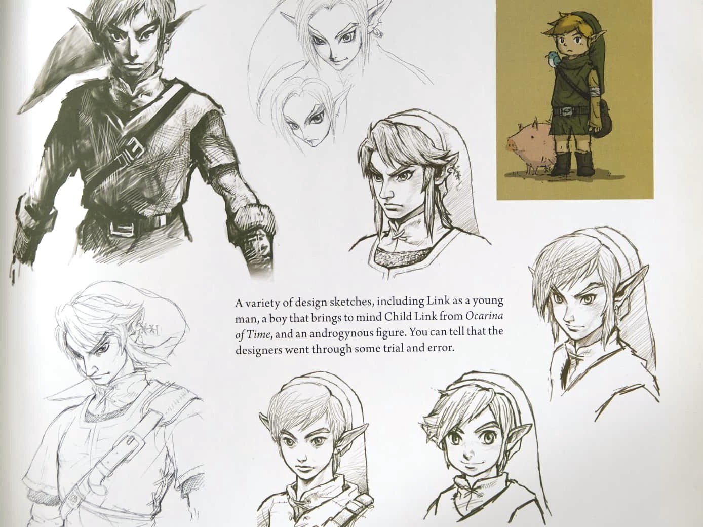 Twilight Princess design sheet with many pencil variations of Link's face and outfit