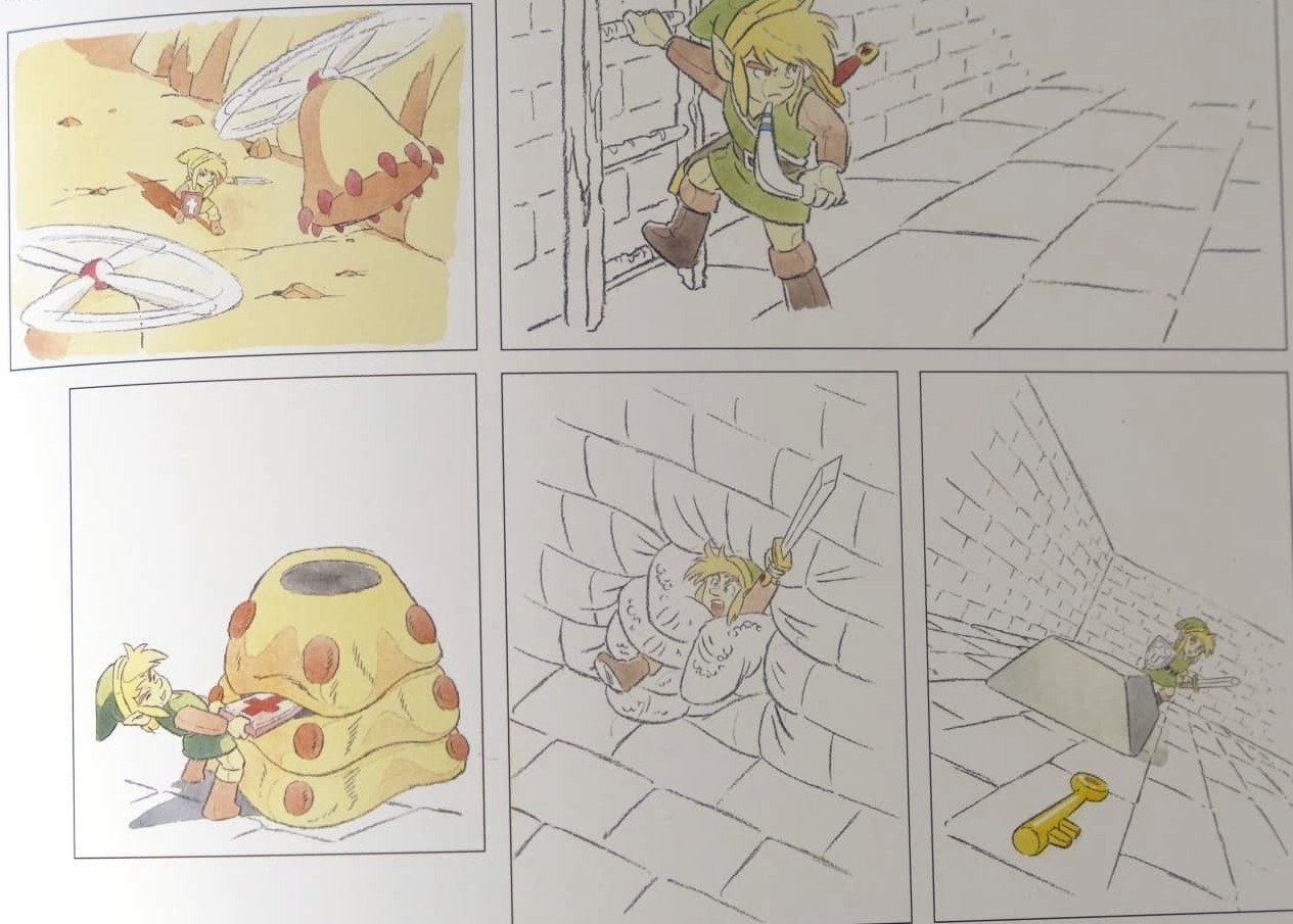 Early Legend of Zelda watercolour panels: Link fighting a Peahat, opening a door, and finding a key